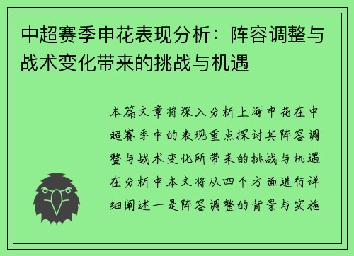 中超赛季申花表现分析：阵容调整与战术变化带来的挑战与机遇